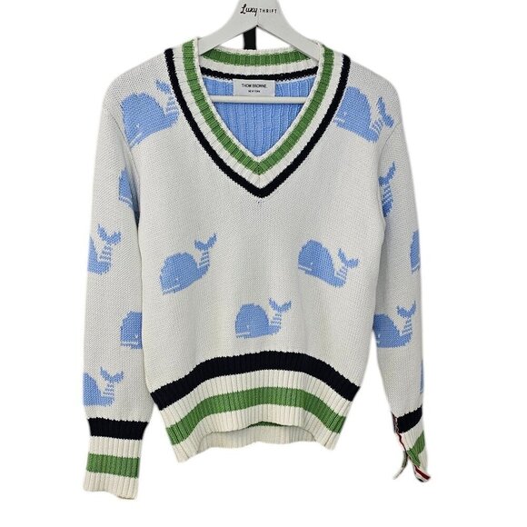 Thom Browne Sweaters - Thom Browne Womens V-Neck Whale Knit Cotton Sweater, Striped, Size 36
